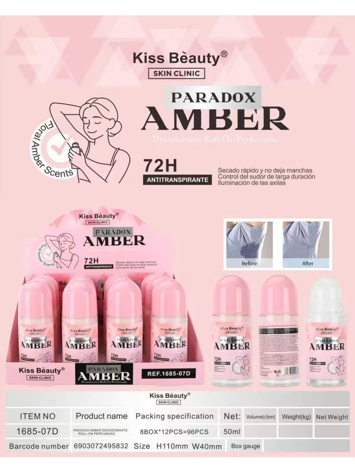 DESODORANTE ROLL ON ANTITRANSPIRANTE 72H PARADOXE AMBER 50ML - KISS BEAUTY