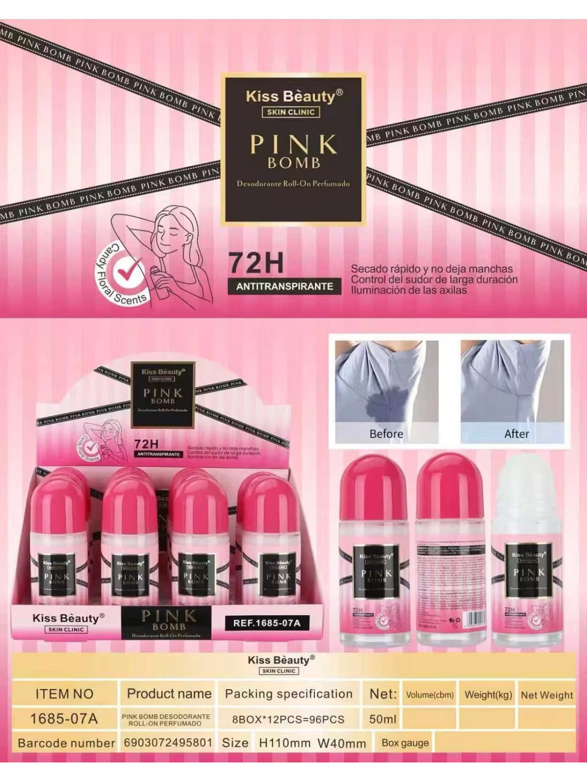 0 DESODORANTE ROLL ON ANTITRANSPIRANTE 72H PINK BOMB 50ML - KISS BEAUTY