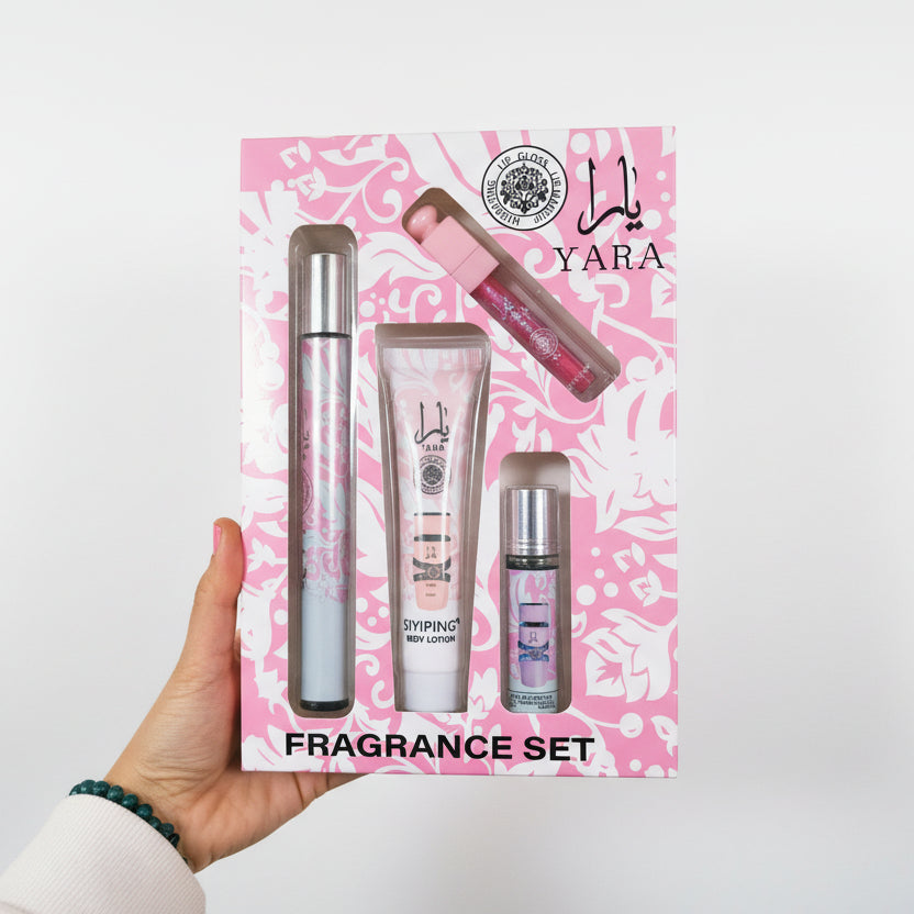 Set Yara 🌸 mini perfume + body lotion+ perfume íntimo rollon+ brillo labios