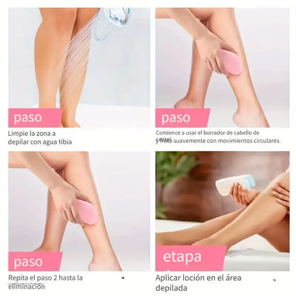 BORRADOR DE PELO DE CRISTAL, Depilación sin dolor para Hombres y Mujeres, exfoliación rápida y facil de la piel para una piel suave y sedosa