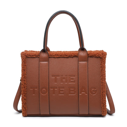 Bolso tote con cremallera y ribete de borreguito