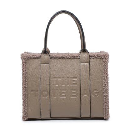 Bolso tote con cremallera y ribete de borreguito