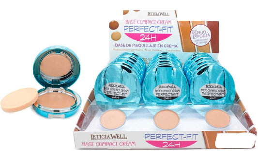 BASE DE MAQUILLAJE COMPACT CREAM PERFECT FIT 24H - Con espejo y esponja - Leticia Well