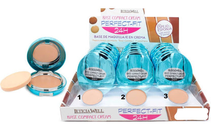 BASE DE MAQUILLAJE COMPACT CREAM PERFECT FIT 24H - Con espejo y esponja - Leticia Well