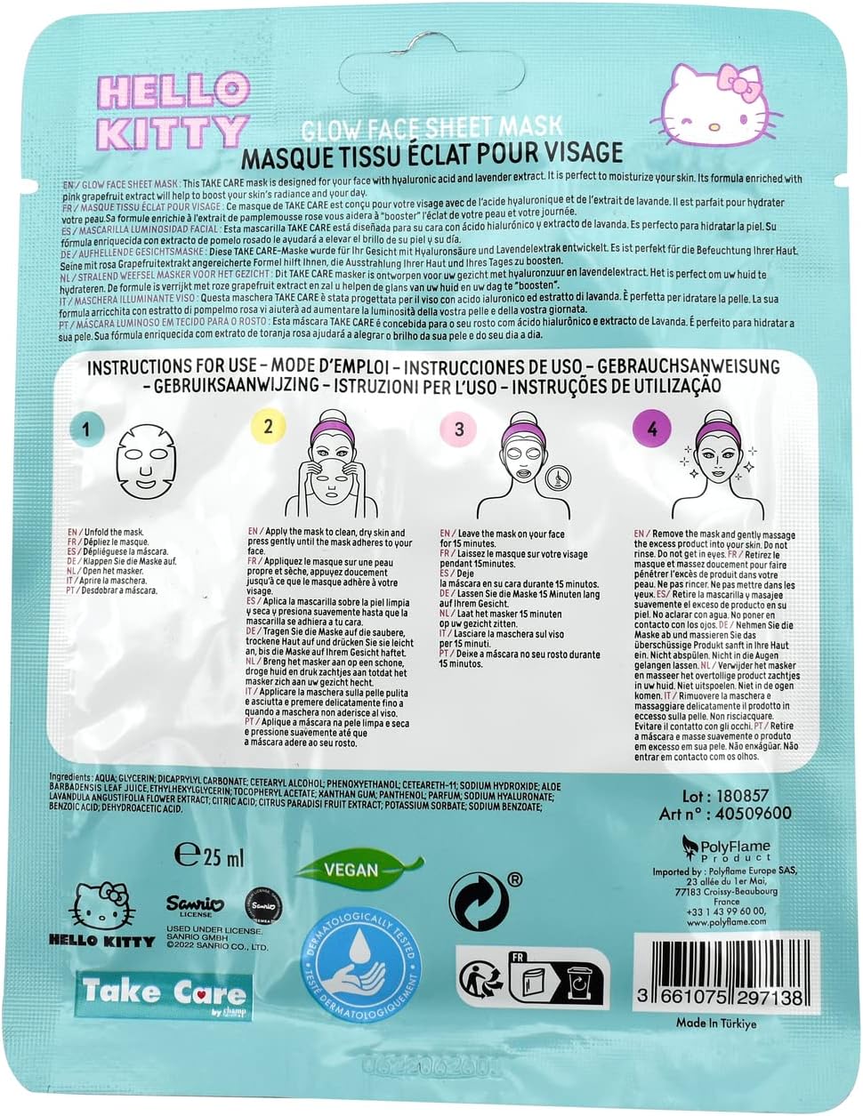 HELLO KITTY MASCARILLA FACIAL ILUMINADORA - GLOW FACE SHEET MASK - HELLO KITTY