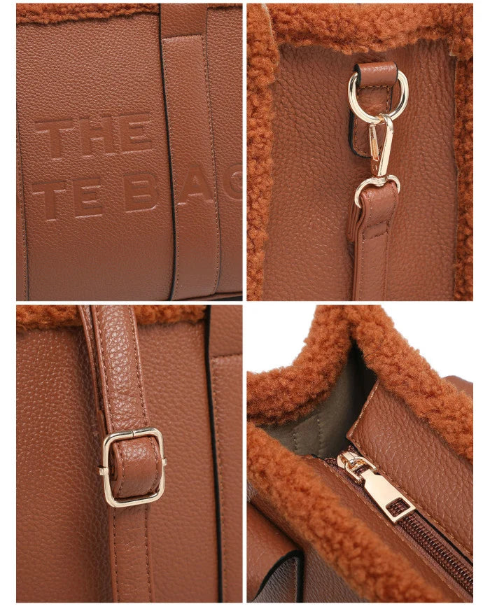 Bolso tote con cremallera y ribete de borreguito