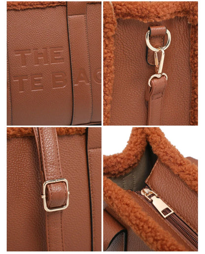 Bolso tote con cremallera y ribete de borreguito