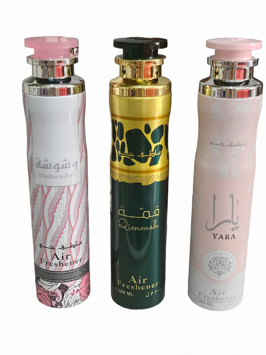 PACK DE 3 AMBIENTADORES LATTAFA - Yara rosa, qimmah y washwashah - 300ml x 3 unidades , ambientadores árabes Lattafa Perfumes