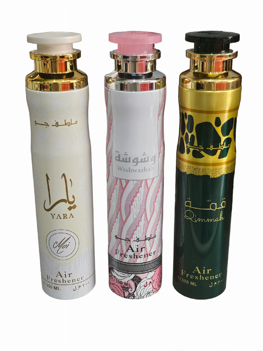 PACK DE 3 AMBIENTADORES LATTAFA - Yara Moi, Qimmah y Washwashah - 300ml x 3 unidades , ambientadores árabes Lattafa Perfumes