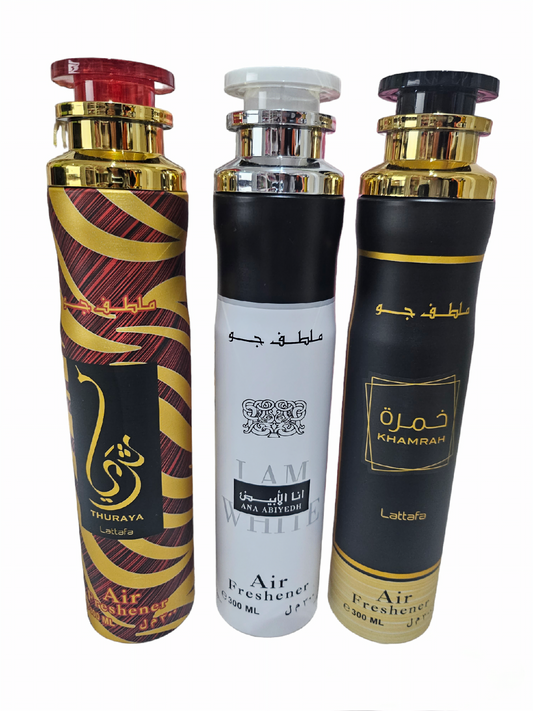 PACK DE 3 AMBIENTADORES LATTAFA - Khamrah, Ana Abiyedh y Thuraya - 300ml x 3 unidades , ambientadores árabes Lattafa Perfumes