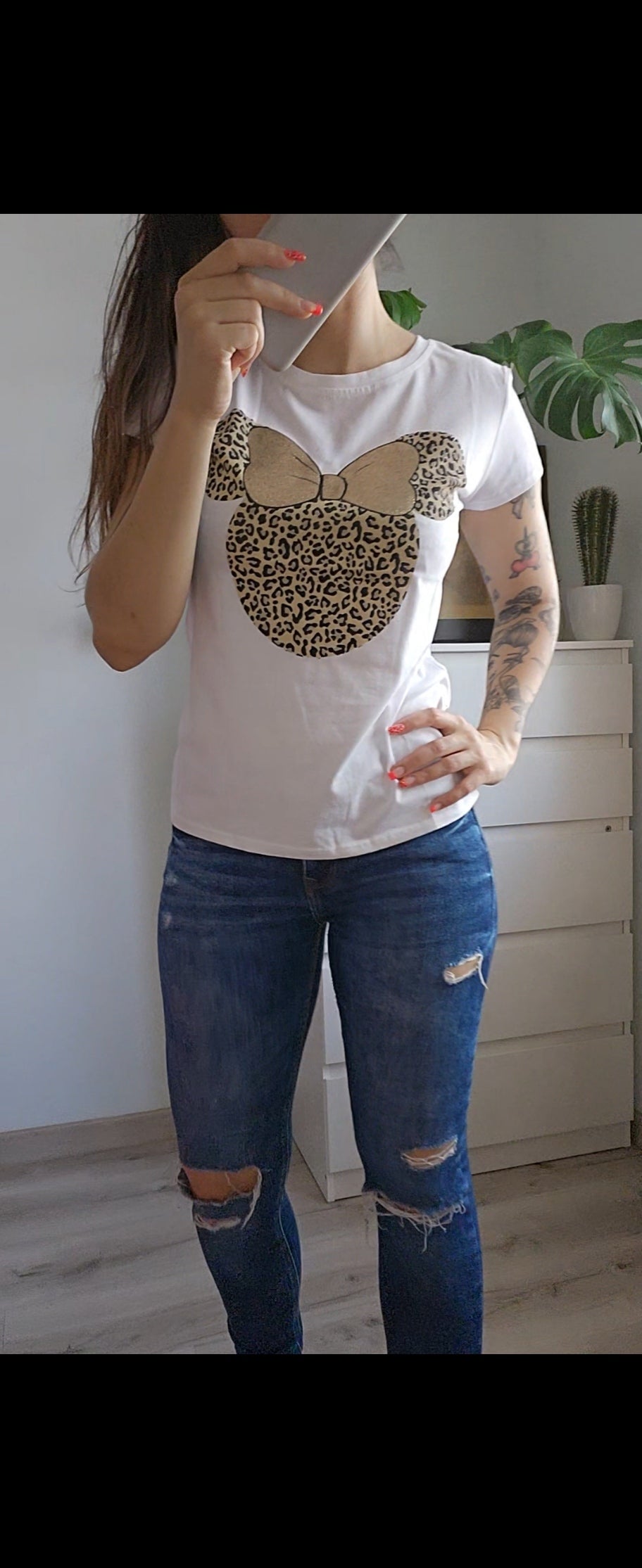 Camiseta de manga corta | Minnie Animal Print lazo glitter