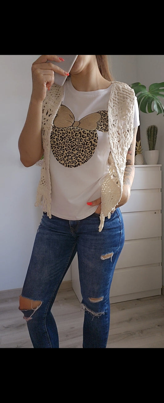 Camiseta de manga corta | Minnie Animal Print lazo glitter