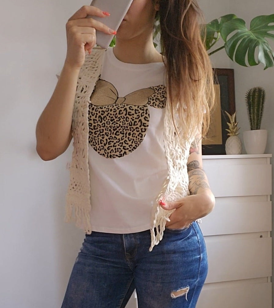 Camiseta de manga corta | Minnie Animal Print lazo glitter